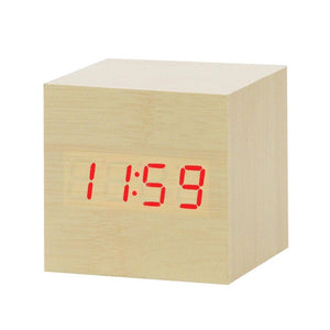 LED Wooden Alarm Clock Watch Table Voice Control