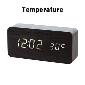 LED Wooden Alarm Clock Watch Table Voice Control