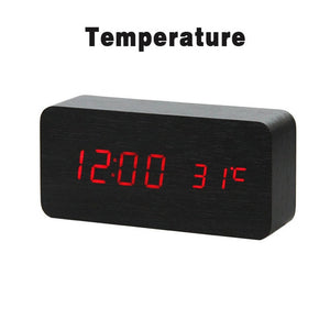 LED Wooden Alarm Clock Watch Table Voice Control