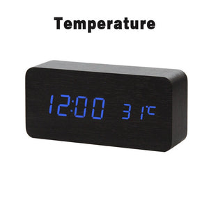 LED Wooden Alarm Clock Watch Table Voice Control