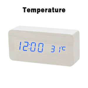 LED Wooden Alarm Clock Watch Table Voice Control