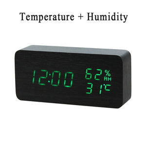 LED Wooden Alarm Clock Watch Table Voice Control