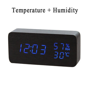 LED Wooden Alarm Clock Watch Table Voice Control