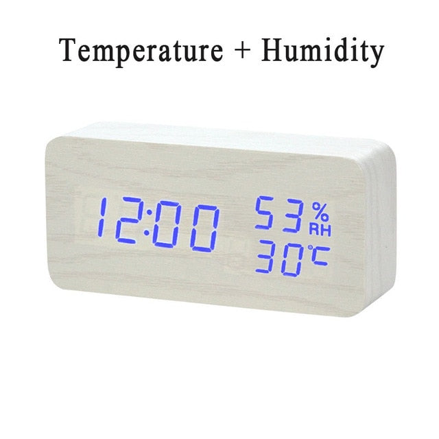 LED Wooden Alarm Clock Watch Table Voice Control